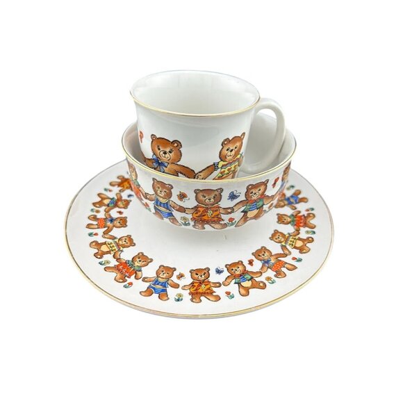 Vintage Bear-Themed Childs Porcelain Dinner Dining Set‎ With Plate Bowl & Mug - Picture 1 of 6